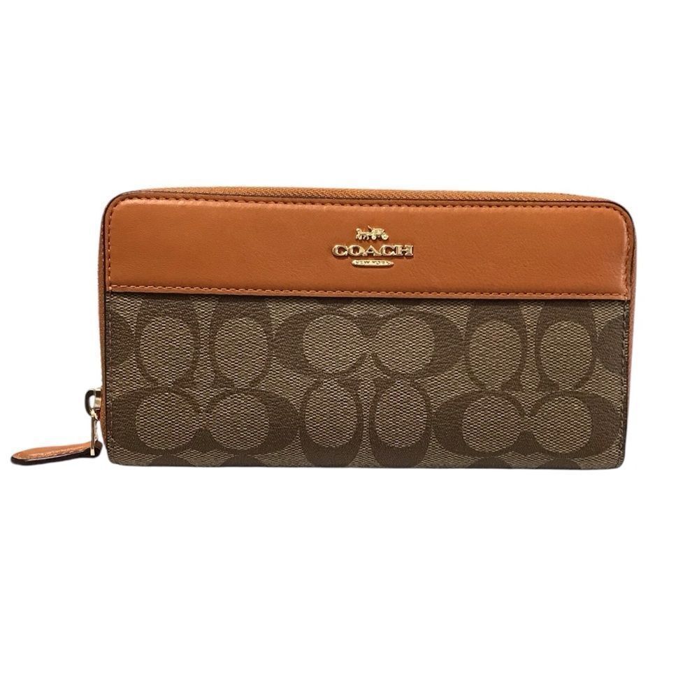Coach Accordion Zip Wallet In Signature Canvas Brown and Tan
